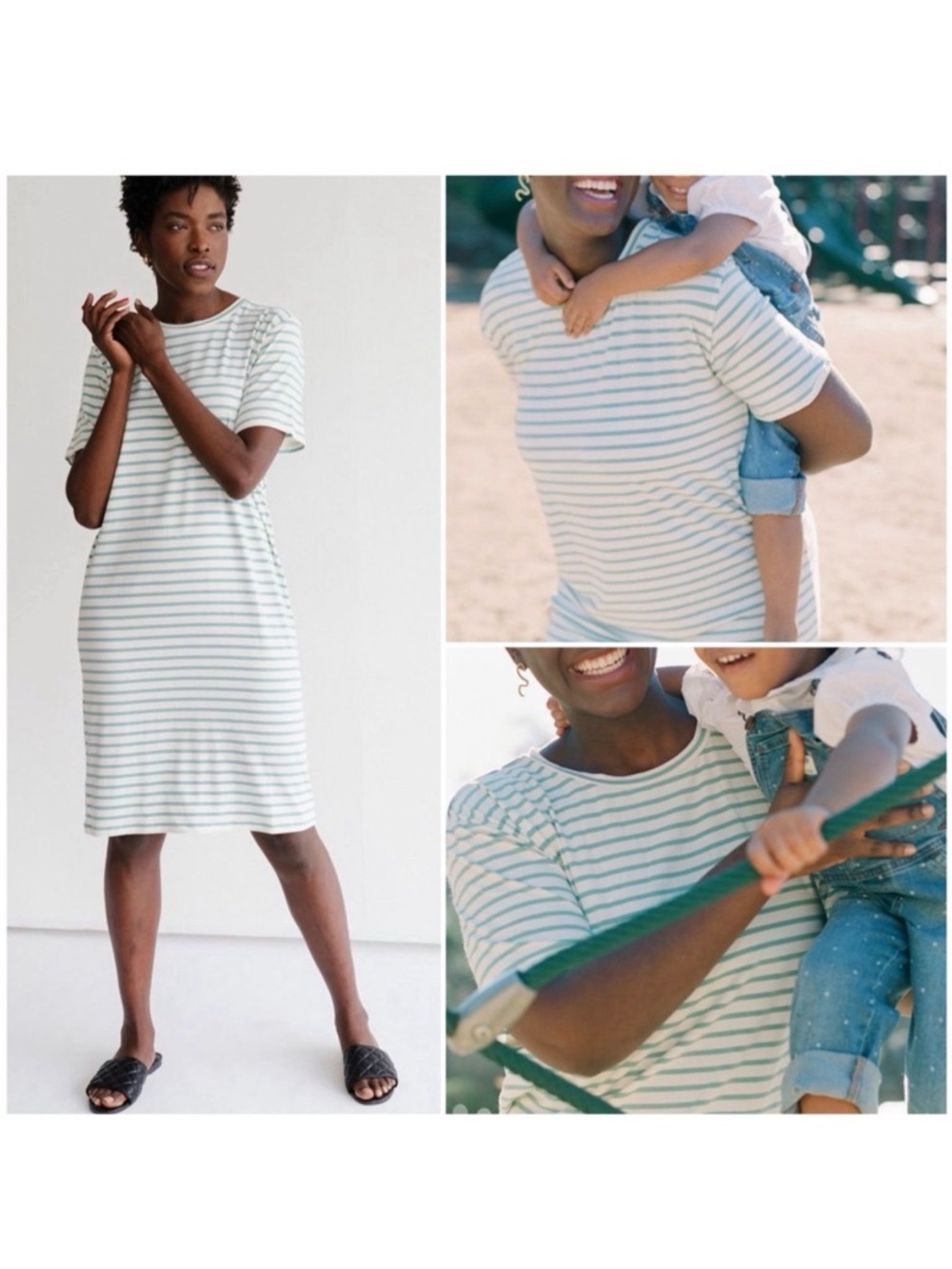 SONNET JAMES Women Size L/T Lg Tall Off-White & Mint Striped Hazel T-Shirt Dress